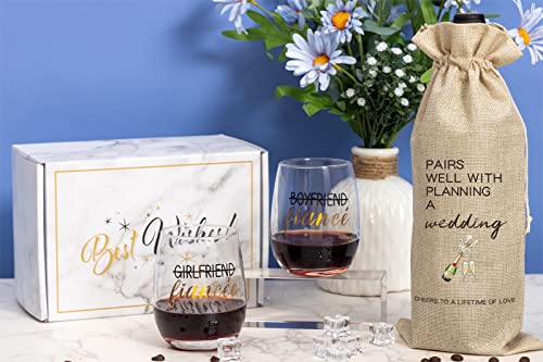 Engagement Gifts for Couples, Boyfriend and Girlfriend Wine Glass and Wine Bag Gift Set, Fiance Fiancee Gift for Him and Her, Bride and Groom Wedding Gifts, Bridal Shower, Engaged Gifts for Newlywed