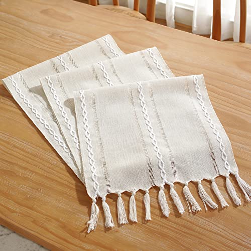 Laolitou Rustic Table Runner with Tassels, Cotton Linen Table Decoration for Holiday Party, Farmhouse Table Runners, Wedding and Dining Decorations, 72 Inches, Ivory