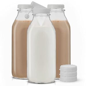 milk bottle with lid and pourer multi-pack. 32 oz reusable glass bottles with 6 lids! jug pitcher, buttermilk, water or juice bottles with caps, syrup, honey or sauce container