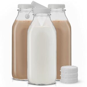 Milk Bottle with Lid AND Pourer Multi-Pack. 32 Oz Reusable Glass Bottles with 6 Lids! Jug Pitcher, Buttermilk, Water or Juice Bottles with Caps, Syrup, Honey or Sauce Container