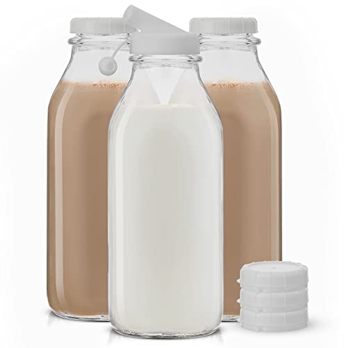 Milk Bottle with Lid AND Pourer Multi-Pack. 32 Oz Reusable Glass Bottles with 6 Lids! Jug Pitcher, Buttermilk, Water or Juice Bottles with Caps, Syrup, Honey or Sauce Container