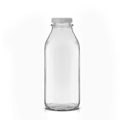 Milk Bottle with Lid AND Pourer Multi-Pack. 32 Oz Reusable Glass Bottles with 6 Lids! Jug Pitcher, Buttermilk, Water or Juice Bottles with Caps, Syrup, Honey or Sauce Container