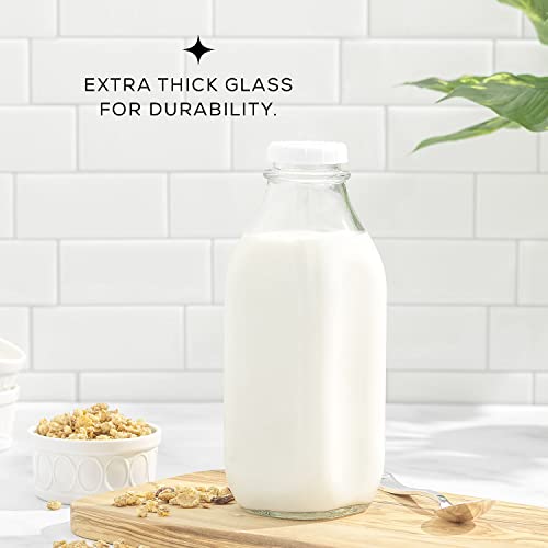 Milk Bottle with Lid AND Pourer Multi-Pack. 32 Oz Reusable Glass Bottles with 6 Lids! Jug Pitcher, Buttermilk, Water or Juice Bottles with Caps, Syrup, Honey or Sauce Container