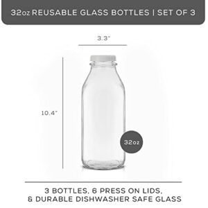 Milk Bottle with Lid AND Pourer Multi-Pack. 32 Oz Reusable Glass Bottles with 6 Lids! Jug Pitcher, Buttermilk, Water or Juice Bottles with Caps, Syrup, Honey or Sauce Container