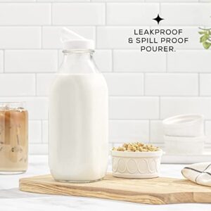 Milk Bottle with Lid AND Pourer Multi-Pack. 32 Oz Reusable Glass Bottles with 6 Lids! Jug Pitcher, Buttermilk, Water or Juice Bottles with Caps, Syrup, Honey or Sauce Container