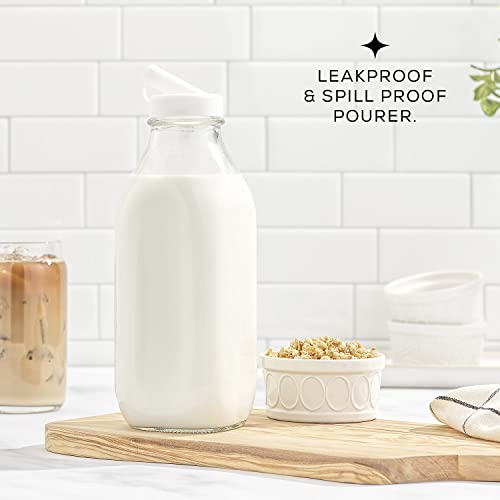 Milk Bottle with Lid AND Pourer Multi-Pack. 32 Oz Reusable Glass Bottles with 6 Lids! Jug Pitcher, Buttermilk, Water or Juice Bottles with Caps, Syrup, Honey or Sauce Container