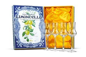 crystal limoncello cordial glasses | set of 4 | tall 3.3 oz long stemmed spirit glassware for sipping aromatic liquor, after dinner drink, aperitif, digestive | elegant tulip shaped stemware
