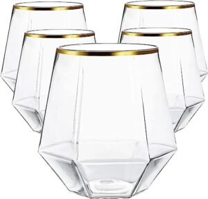 24 count diamond unbreakable stemless plastic wine champagne glasses disposable shatterproof bpa-free wine glasses indoor outdoor ideal for home office bars, wedding 12 ounce cup (gold)