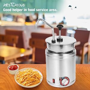 Restlrious Hot Fudge Dispenser with Temp Control, 4 QT Round Electric Nacho Cheese Warmer w/Stainless Steel Pot and Pump, Cheese Pump Station for Commercial Buffet, Cake Shop & Kitchen, 110V/200W