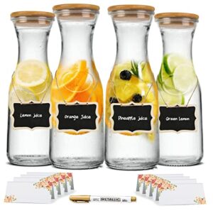 set of 4 glass carafe pitchers, beverage dispensers with bamboo lids, 35 oz clear glass pitcher for mimosa bar, wine, iced tea, lemonade, milk and juice