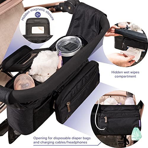 RUVALINO Universal Stroller Organizer with Cup Holders Stroller Caddy with Detachable Bag, Tissue Pocket, Non-Slip Strap Accessories for Uppababy, Umbrella, Wagon, Baby Jogger, Bob, and Pet Stroller