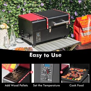 ORALNER Portable Pellet Smoker Grill on Wheels, 8 in 1 Tabletop Outdoor BBQ Grill for Tailgating RV Travel Camping Cooking, Small Wood Pellet Meat Smokers w/LED Display, Temperature Probe