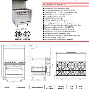 Commercial Range&Oven 36" Width, 6 Burners, Natural Gas and Propane, NSF/ETL Certified, Thermostat, Stainless Steel Galvanized and Cast iron Grate For Restaurant Heavy Duty, 211000 BTU