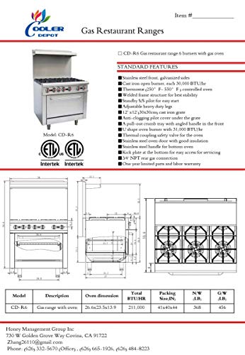 Commercial Range&Oven 36" Width, 6 Burners, Natural Gas and Propane, NSF/ETL Certified, Thermostat, Stainless Steel Galvanized and Cast iron Grate For Restaurant Heavy Duty, 211000 BTU