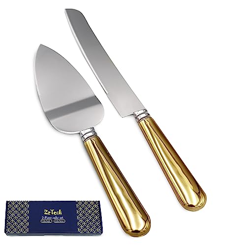 Zzteck Stainless Steel Wedding Cake Knife and Server Set with Golden Handles- Cake Cutter Set With 12" Server & 9.8" Knife - Durable & Dishwasher Safe - Cake Cutting Set for Wedding, Party & Events