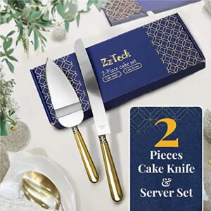 Zzteck Stainless Steel Wedding Cake Knife and Server Set with Golden Handles- Cake Cutter Set With 12" Server & 9.8" Knife - Durable & Dishwasher Safe - Cake Cutting Set for Wedding, Party & Events