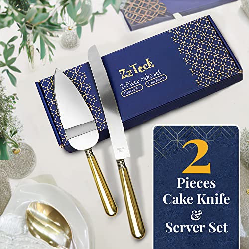 Zzteck Stainless Steel Wedding Cake Knife and Server Set with Golden Handles- Cake Cutter Set With 12" Server & 9.8" Knife - Durable & Dishwasher Safe - Cake Cutting Set for Wedding, Party & Events