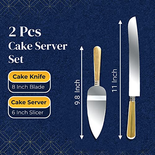 Zzteck Stainless Steel Wedding Cake Knife and Server Set with Golden Handles- Cake Cutter Set With 12" Server & 9.8" Knife - Durable & Dishwasher Safe - Cake Cutting Set for Wedding, Party & Events