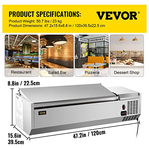 VEVOR 10.8 Qt Sandwich Table 150W Stainless Salad Bar Refrigerated Condiment Prep Station, 48-Inch, Silver