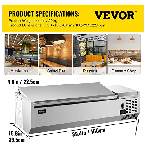 VEVOR 7.8 Qt Sandwich Table 150W Stainless Salad Bar Refrigerated Condiment Prep Station, 40in, Silver