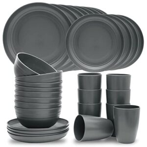 dhnvcud 32-piece kitchen plates and bowls sets,lightweight plastic dishes set for 8,unbreakable dinnerware sets,reusable plates set,dishwasher and microwave safe, dish sets for outdoor camping,rv,grey