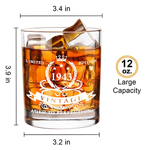 LIGHTEN LIFE 80th Birthday Gifts for Men 12 oz,1943 Whiskey Glass in Valued Wooden Box,Whiskey Bourbon Glass for 80 Years Old Dad,Husband,Friend,80th Birthday Decorations for Men