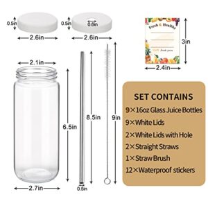 Moretoes 9 Pack 16oz Glass Juice Bottles with Lids Reusable Glass Beverages Drinking Jars with Tamper-proof White Caps for Travel Milk Water Tea Honey Kombucha Smoothie Boba
