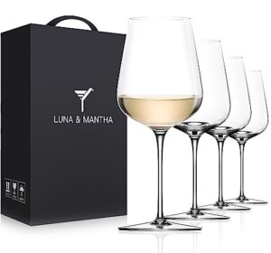 luna & mantha white wine glasses set of 4, crystal wine glasses 14oz hand blown- modern wine glasses with stem, perfect for red & white- gift packaging for daily use, wedding anniversary or birthday