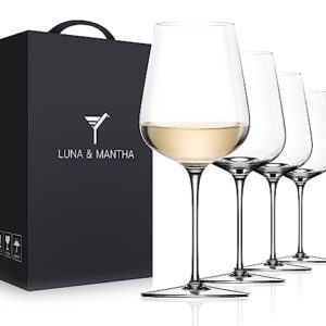 LUNA & MANTHA White Wine Glasses Set of 4, Crystal Wine Glasses 14oz Hand Blown- Modern Wine Glasses with Stem, Perfect for Red & White- Gift Packaging for Daily Use, Wedding Anniversary or Birthday