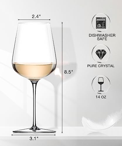 LUNA & MANTHA White Wine Glasses Set of 4, Crystal Wine Glasses 14oz Hand Blown- Modern Wine Glasses with Stem, Perfect for Red & White- Gift Packaging for Daily Use, Wedding Anniversary or Birthday