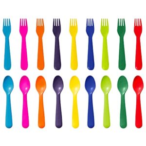 plaskidy toddler utensils set of 18 plastic kids utensils forks and spoons - bpa free/dishwasher safe toddler silverware set brightly colored children's safe flatware cutlery set