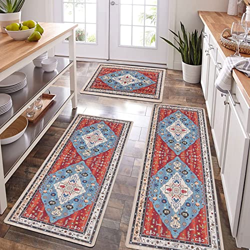 Pauwer Farmhouse Kitchen Rugs Set of 3 Boho Kitchen Mats for Floor Waterproof Kitchen Rugs and Mats Non Skid Washable Kitchen Floor Mat Kitchen Runner Throw Area Rugs for Kitchen Laundry Room Entryway