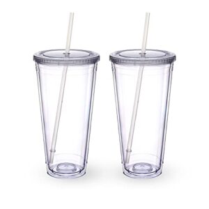 zukro acrylic tumbler with straw and lid 32 oz, double walled clear plastic straw cup,reusable insulated cup perfect for parties, birthdays, customization, clear,2 pack,