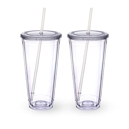 Zukro Acrylic Tumbler with Straw and Lid 32 oz, Double Walled Clear Plastic Straw Cup,Reusable Insulated Cup Perfect for Parties, Birthdays, Customization, Clear,2 Pack,