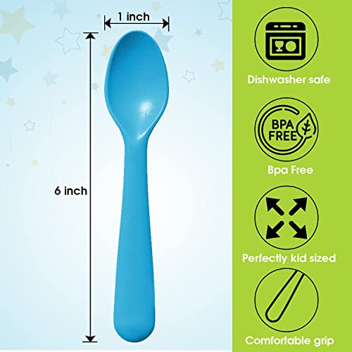 PLASKIDY Plastic Kids Spoons Set of 18 -Toddler Spoons BPA Free / Dishwasher Safe Reusable Children's Spoon Set - Brightly Colored Toddler Spoons Cutlery Flatware Set