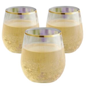 24 piece stemless disposable unbreakable crystal clear plastic wine glasses set of 24 (12 ounce - gold rim)