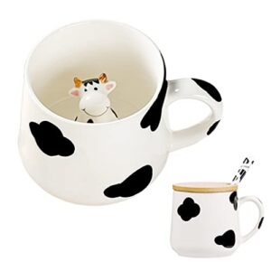 BigNoseDeer Cute Ceramic Cow Coffee Mug with 3D Animal Inside Kawaii Tea Cup with Spoon and Lid Cow Print Stuff Christmas Gifts Birthday Mother's Day Cute Gifts for Women Kids 12oz (Cow)