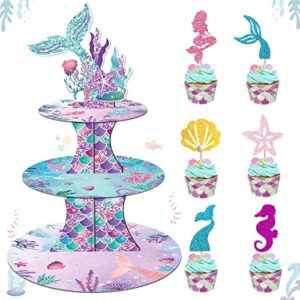 25 pcs mermaid cupcake stand 3-tier and mermaid cupcake topper set, fiesec mermaid birthday supplies dessert tower holder round serving stand holder for girls under the sea starfish seahorse seashell