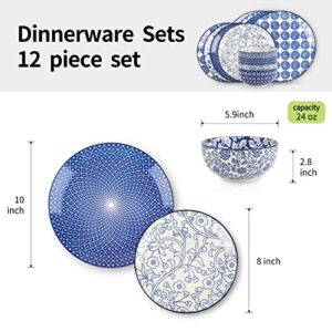 Selamica Ceramic 12-Pieces Dinnerware Sets, Ceramic Dish Plates and Bowls Sets, Service for 4, Dinner Salad Dessert Plates, and Cereal Bowls Set, Gift,Vintage Blue