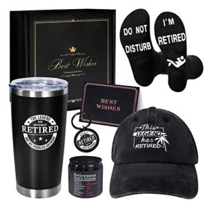 retirement gifts for men, funny retired presents include insulated tumbler baseball cap socks keychain scented candle with gift box for dad, coworkers, friends, retired people
