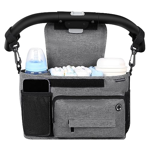 kookoomia Universal Stroller Organizer with Cup Holder, Baby Stroller Caddy Organizer with Extra Storage Bag and Shoulder Strap, Pockets for Phone, Keys and Toys, Large Compacity, Fits Most Strollers