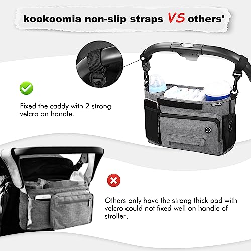 kookoomia Universal Stroller Organizer with Cup Holder, Baby Stroller Caddy Organizer with Extra Storage Bag and Shoulder Strap, Pockets for Phone, Keys and Toys, Large Compacity, Fits Most Strollers