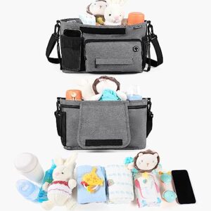 kookoomia Universal Stroller Organizer with Cup Holder, Baby Stroller Caddy Organizer with Extra Storage Bag and Shoulder Strap, Pockets for Phone, Keys and Toys, Large Compacity, Fits Most Strollers