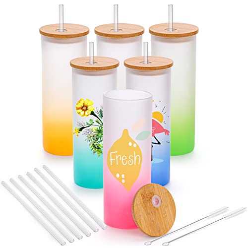 Mezchi 6 Pack Sublimation Glass Cans Blanks with Bamboo Lids, 17 OZ Frosted Tumbler Cups with Glass Straws, Straight Skinny Drinking Glasses Jars Mugs for Iced Coffee, Milk, Juice, 6 Gradient Colors