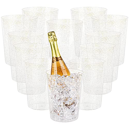 12 Pack Disposable Plastic Ice Bucket For Parties, Gold Glitter Clear Wine Cooler for Wedding, Good as One Large Champagne Chiller Or Classic Wine Bottle Chiller