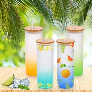 Mezchi 6 Pack Sublimation Glass Cans Blanks with Bamboo Lids, 17 OZ Frosted Tumbler Cups with Glass Straws, Straight Skinny Drinking Glasses Jars Mugs for Iced Coffee, Milk, Juice, 6 Gradient Colors