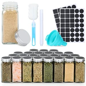 woisut glass spice jars with label, 24 pcs 4oz seasoning organizer, empty square spice containers bottles with shaker lids, collapsible funnel, brush for spice rack, cabinet, drawer