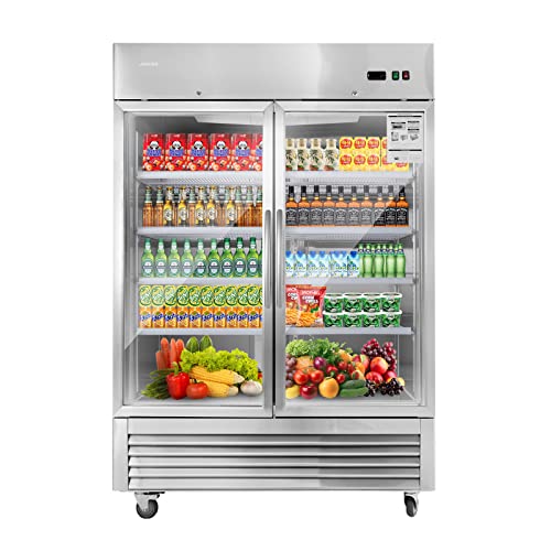 JINSONG 54" Commercial Display Refrigerator with 2 Glass Door, 2 Section Stainless Steel Reach-in Beverage Display Refrigerator with LED Lighting & 8 shelves for Restaurant, Bar, Shop, 49 Cu.ft