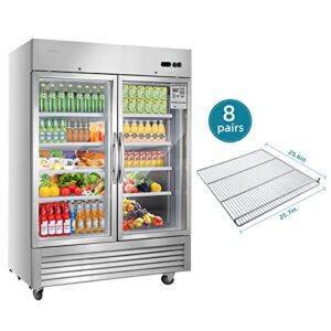 JINSONG 54" Commercial Display Refrigerator with 2 Glass Door, 2 Section Stainless Steel Reach-in Beverage Display Refrigerator with LED Lighting & 8 shelves for Restaurant, Bar, Shop, 49 Cu.ft