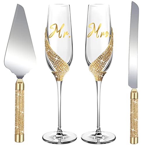 Wedding Champagne Flutes and Cake Server Set-Include Champagne Flutes Glasses, Cake Cutting Set for Wedding, Wedding Toasting Flutes, Champagne Flutes for Bride and Groom, Wedding Reception Supplies